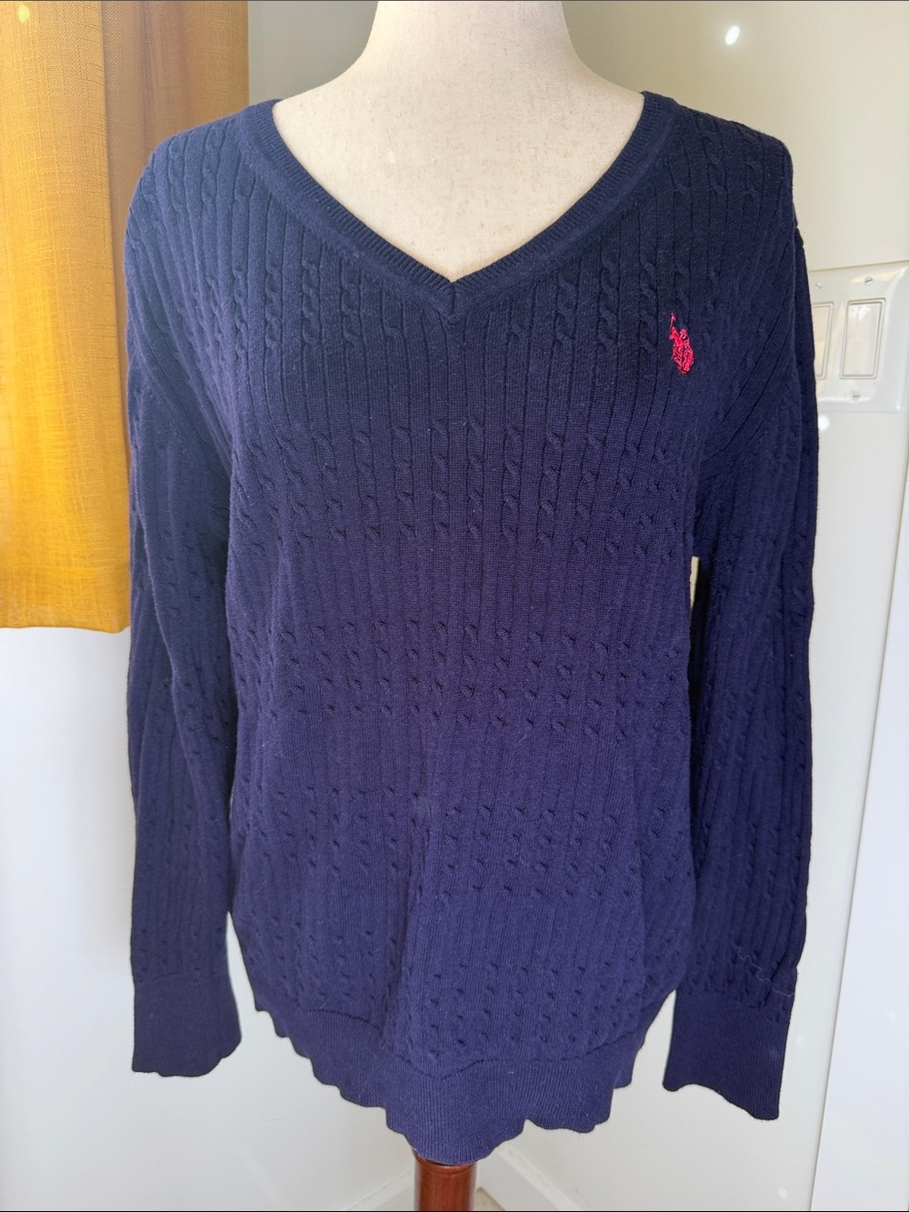 U.S. Polo Assn. Navy V-Neck Cable Knit Sweater with Pink Logo